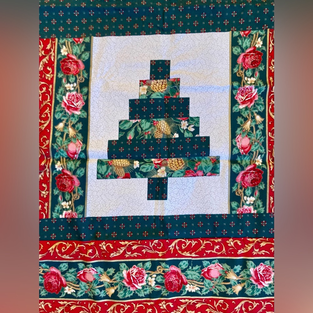 4 log cabin Christmas trees in a panel with border Fabric